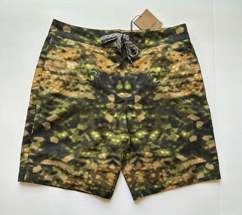 NWT $480 Burberry Breton Men's Camo Dark Fern Green Swim Shorts 2XL 8042583